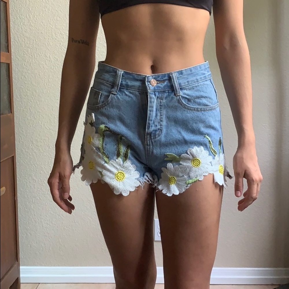 Floral High Waisted Jean Shorts